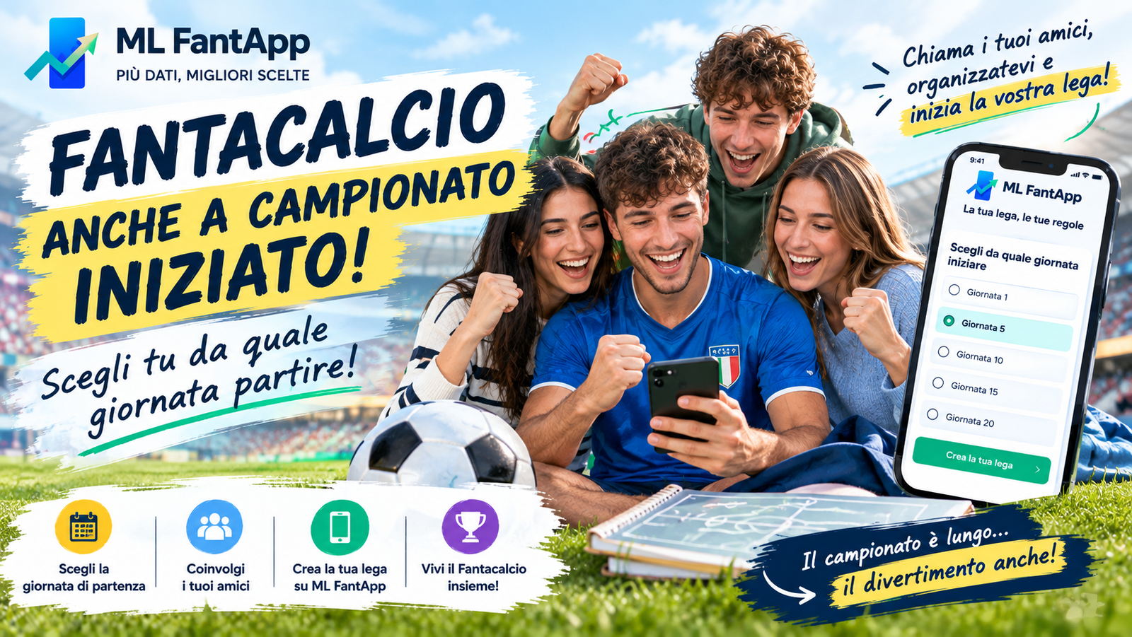 Fantacalcio a campionato iniziato con ML FantApp, organizza una lega con gli amici e scegli da quale giornata di Serie A partire.