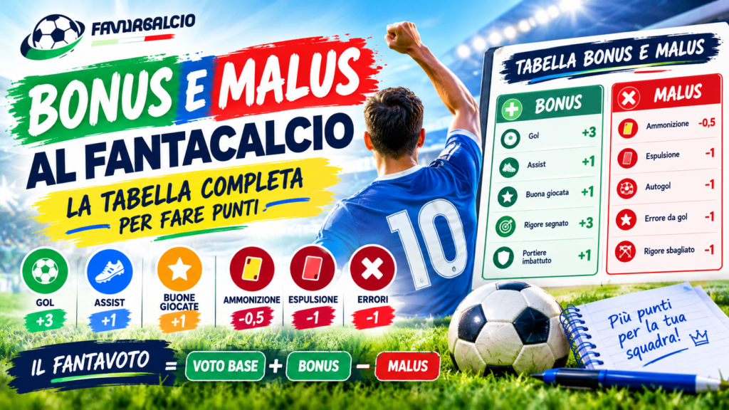 Bonus e malus al Fantacalcio: tabella completa con punti bonus e penalità