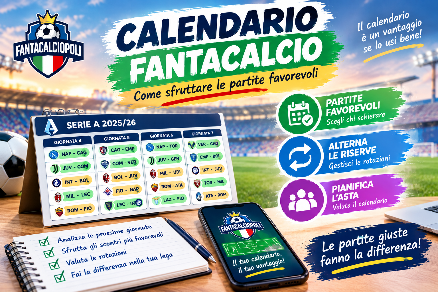 Calendario Fantacalcio con partite favorevoli, rotazioni e strategie per scegliere i giocatori da schierare.
