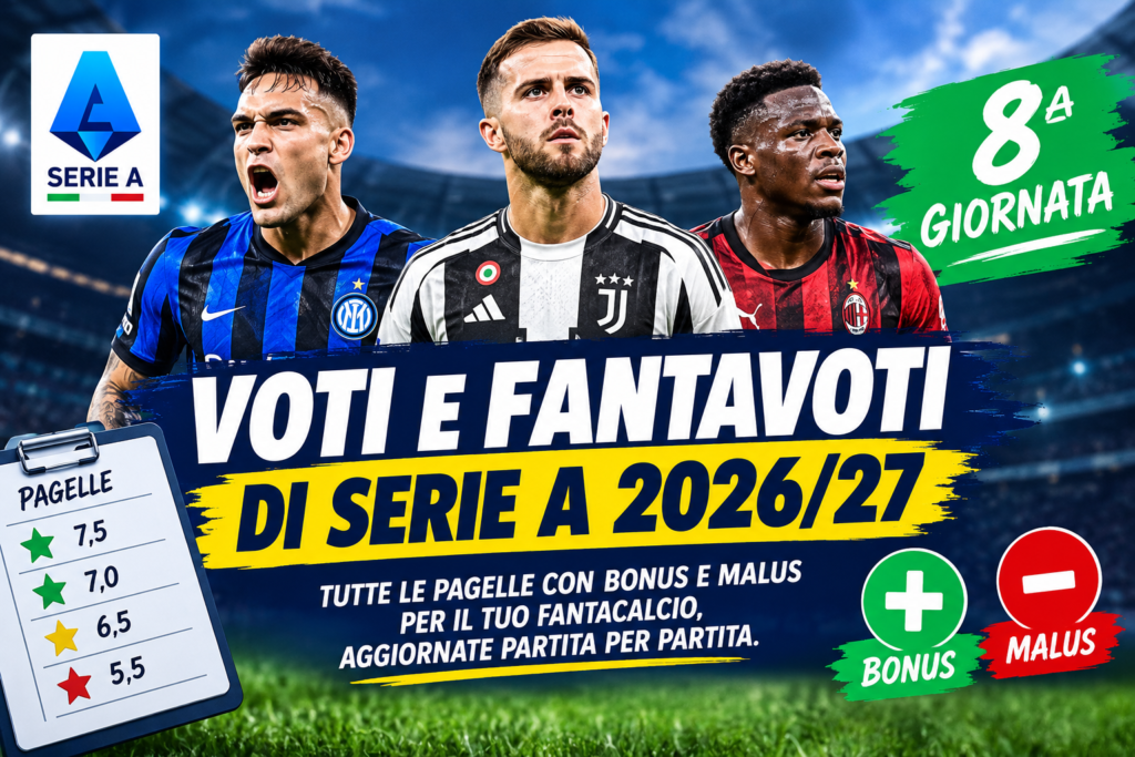 Voti e fantavoti dell'8ª giornata di Serie A 2026/27 con pagelle, bonus e malus del Fantacalcio.