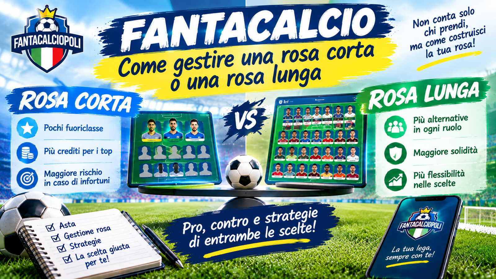 Infografica sulla rosa corta e la rosa lunga al Fantacalcio, con vantaggi, rischi e strategie per costruire la squadra.
