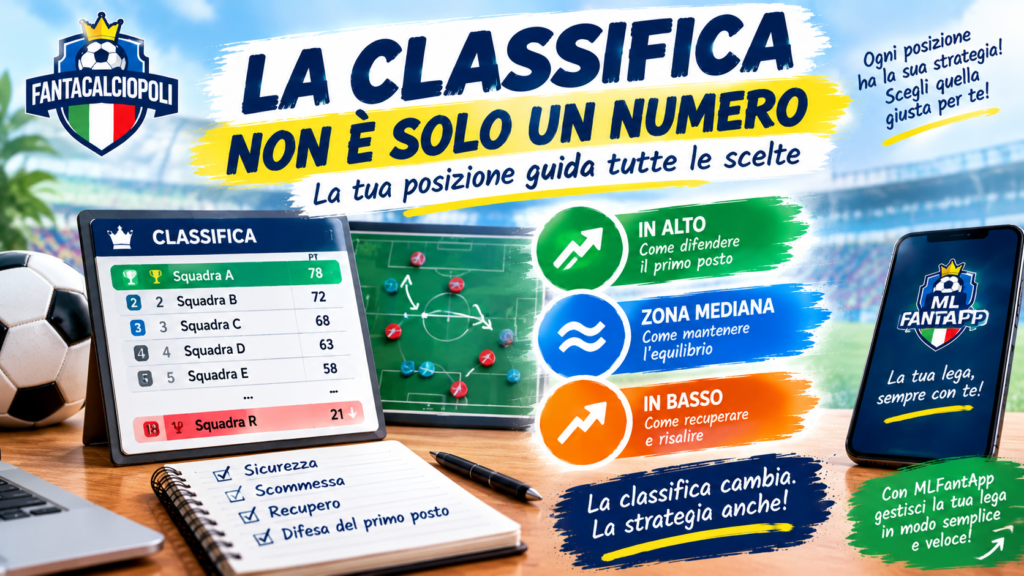 Copertina sulla strategia al Fantacalcio in base alla classifica, con consigli per difendere il primo posto, mantenere l'equilibrio e recuperare posizioni.