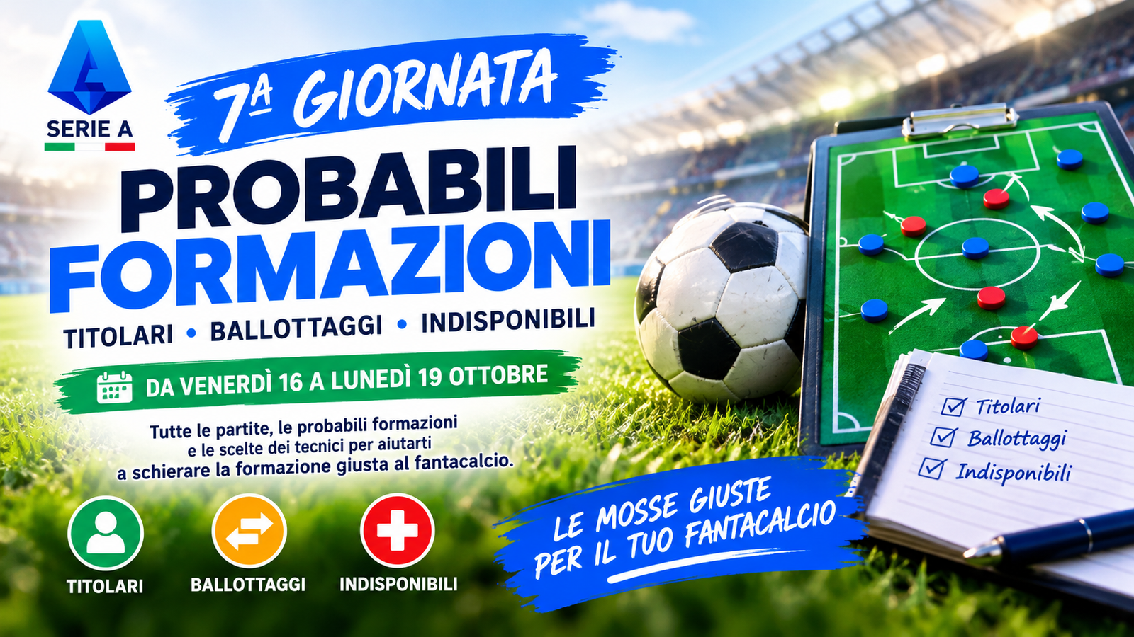 Probabili formazioni Serie A 7ª giornata: titolari, ballottaggi e indisponibili al fantacalcio
