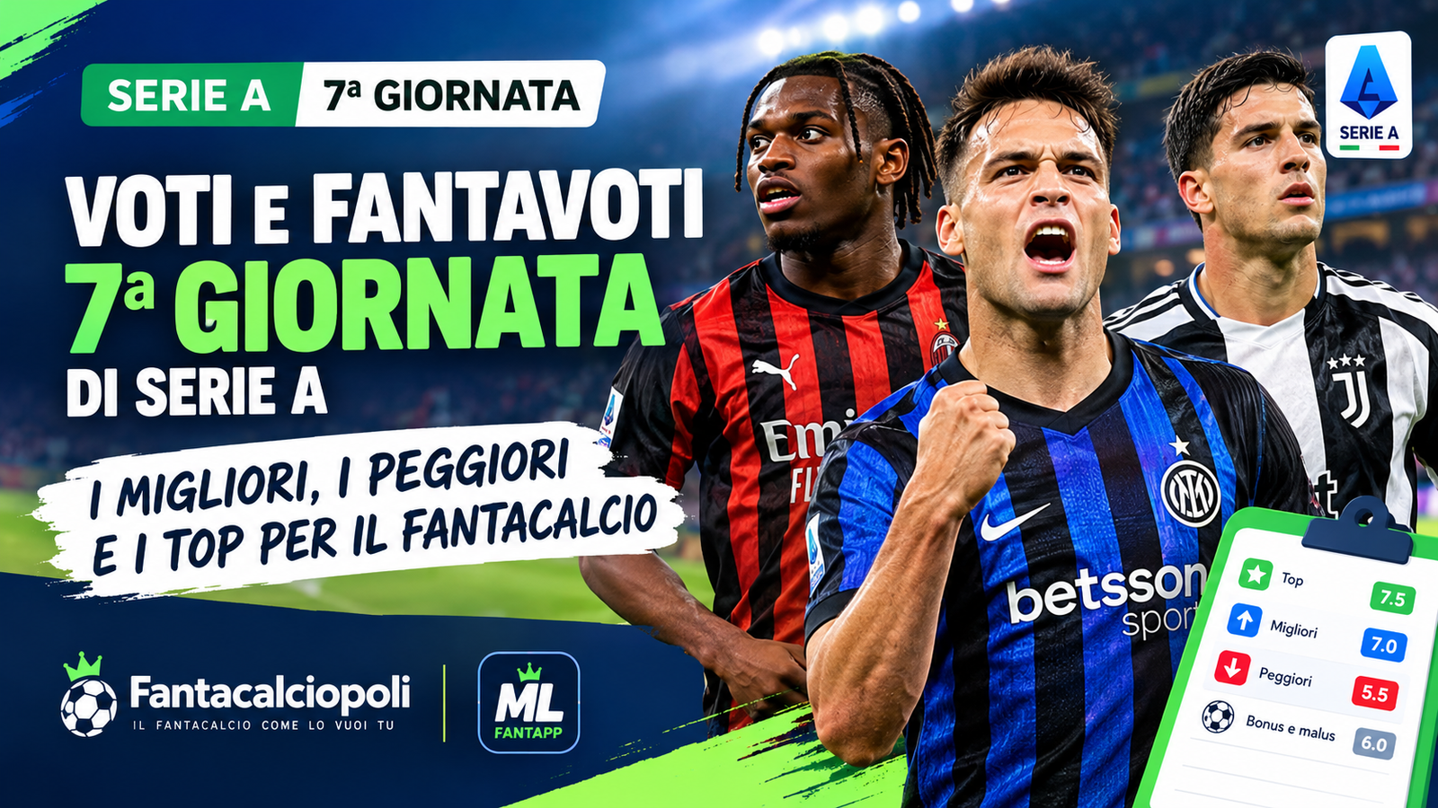 Voti e fantavoti della 7ª giornata di Serie A al Fantacalcio: migliori, peggiori e top di giornata.
